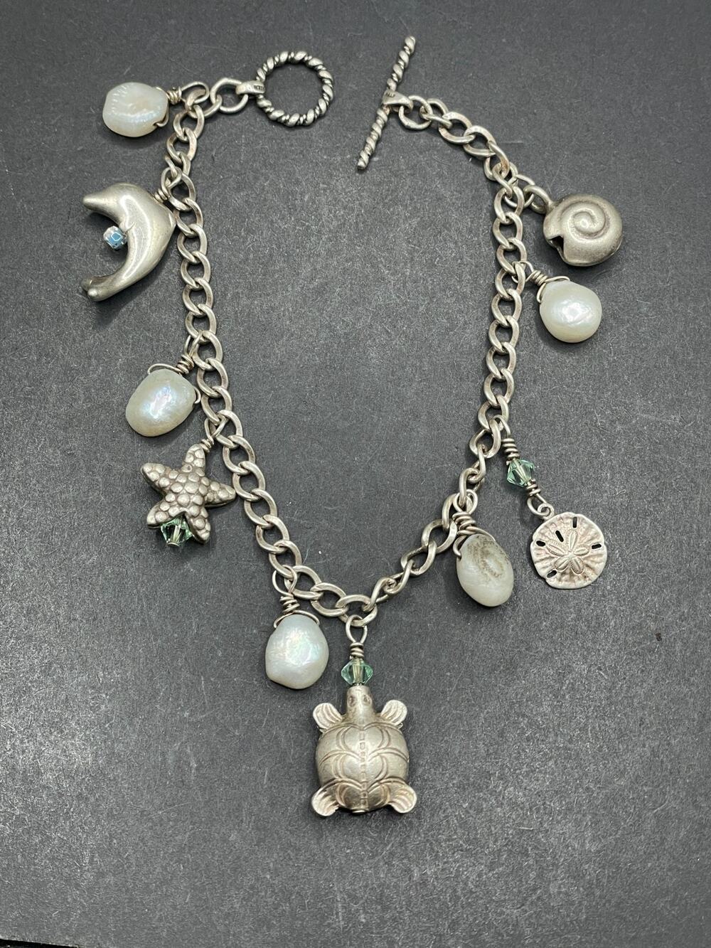 Vtg 925 Sterling Silver Pearl & Sea Creature Dangle Charm Bracelet Sz 7 1/4" 18g